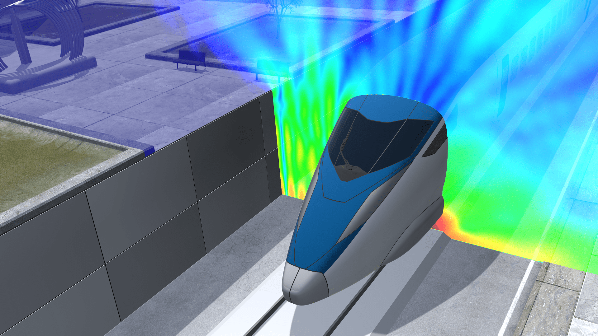 Urban simulation visual displaying noise impact analysis for cities, enhancing public services and sustainable urban planning