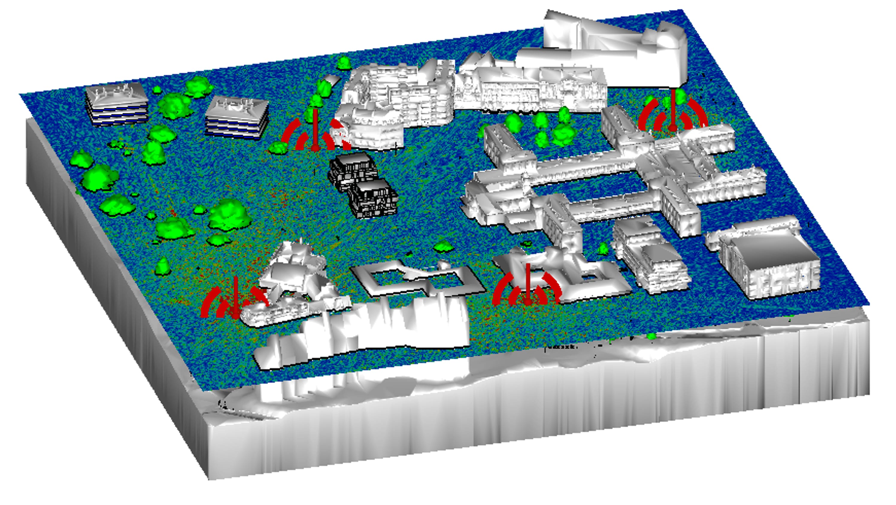 Urban simulation graphic for optimizing telecom network performance with 3D modeling, enhancing cities and public services
