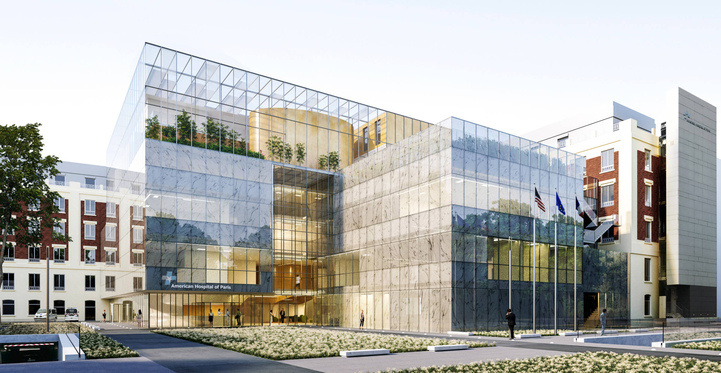 American Hospital outside look at building extension for patient care > Dassault Systemes