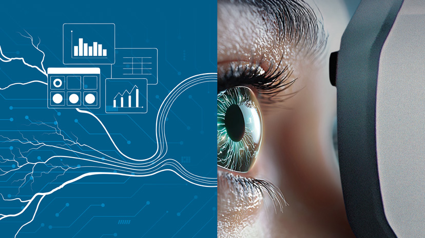 Femme utilisant un scanner rétinien diagnostique avec interface IA, illustrant l’innovation en santé mentale de diaMentis