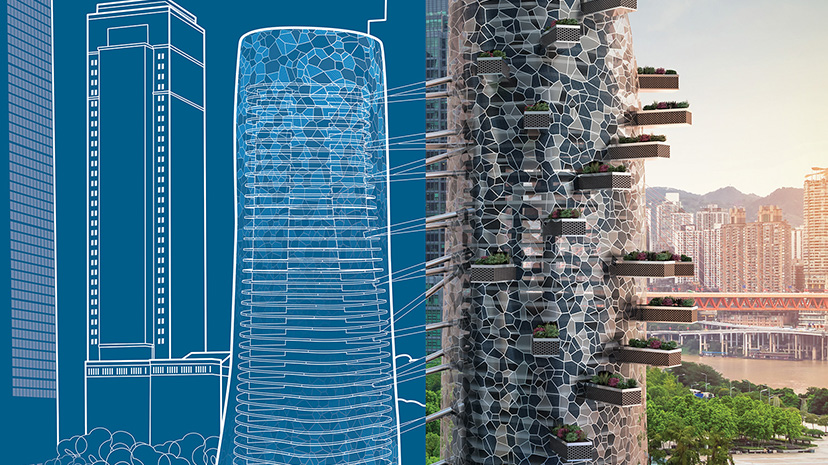 Rendu architectural d’un bâtiment utilisant la façade Smart Panel pour illustrer des fonctionnalités durables de contrôle climatique