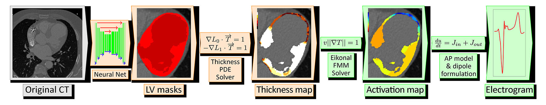 From CT to simulations: automated pipeline (AI-based segmentation, thickness calculation, activation map simulations, ECG simulation)
