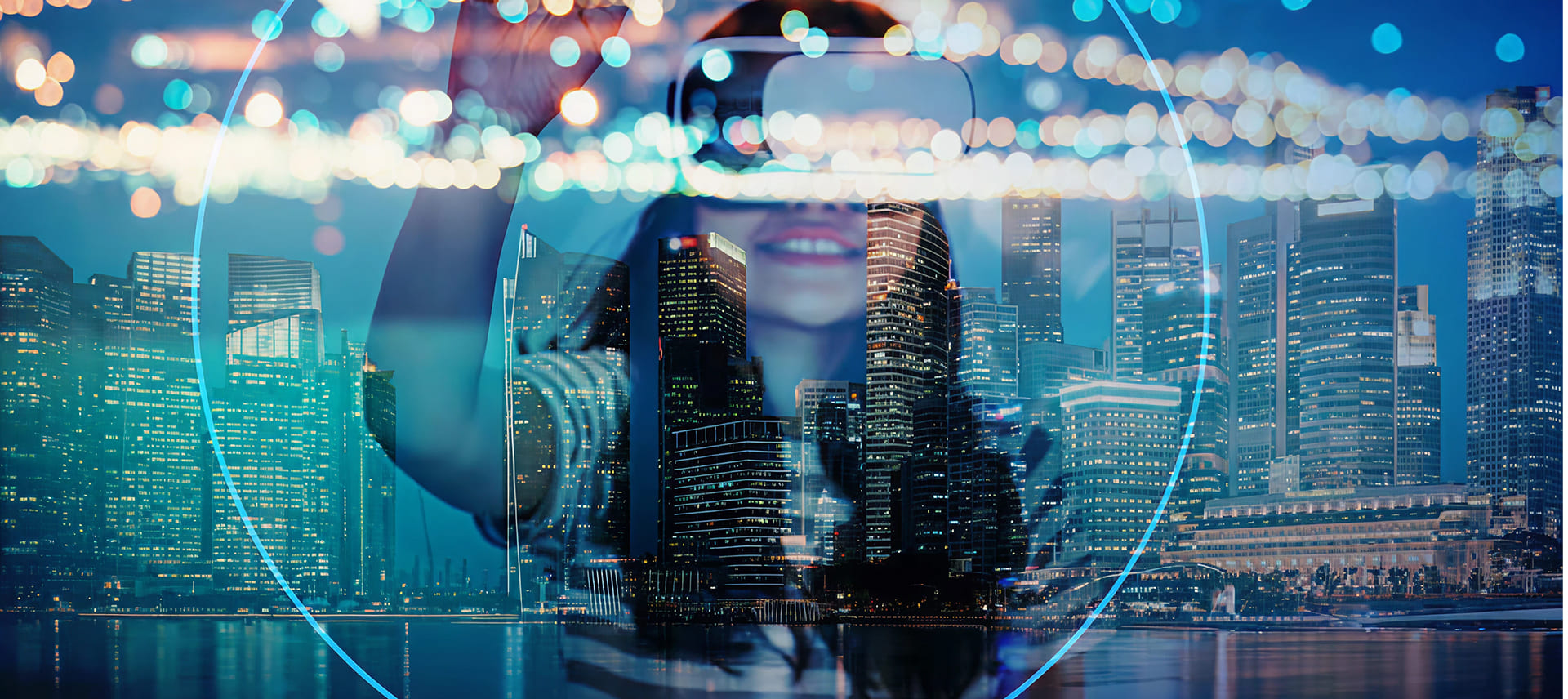 A girl wearing VR headset over city skyline with digital lights, symbolizing innovation and future technology.
