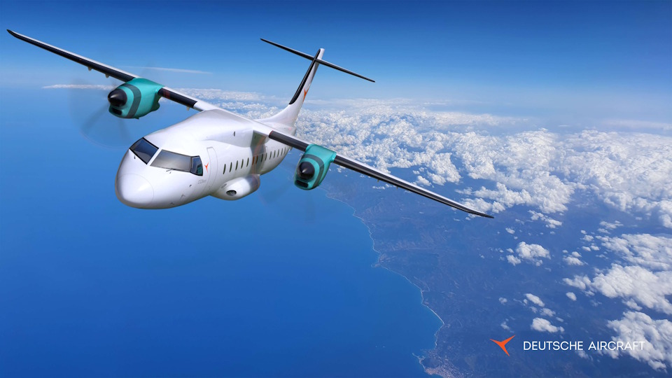 Deutsche Aircraft D328eco regional turboprop flying under blue sky, showcasing sustainable, modern aviation design