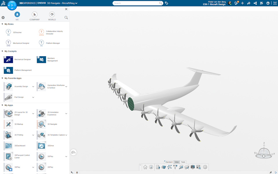 Engineer using the 3DEXPERIENCE platform to develop Elysian’s E9X electric aircraft with ENOVIA for digital collaboration.