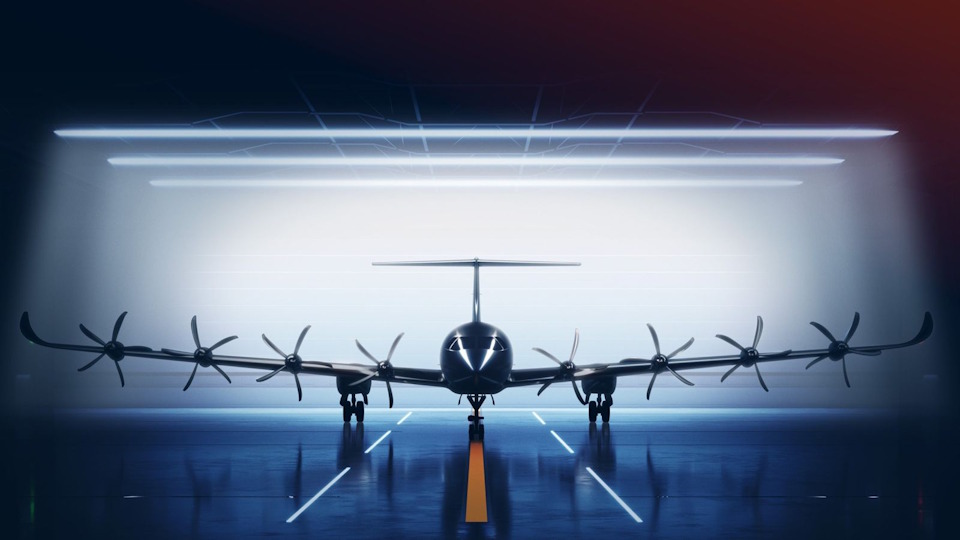 Elysian E9X electric aircraft preparing to land, showcasing zero-emission design powered by the 3DEXPERIENCE platform.