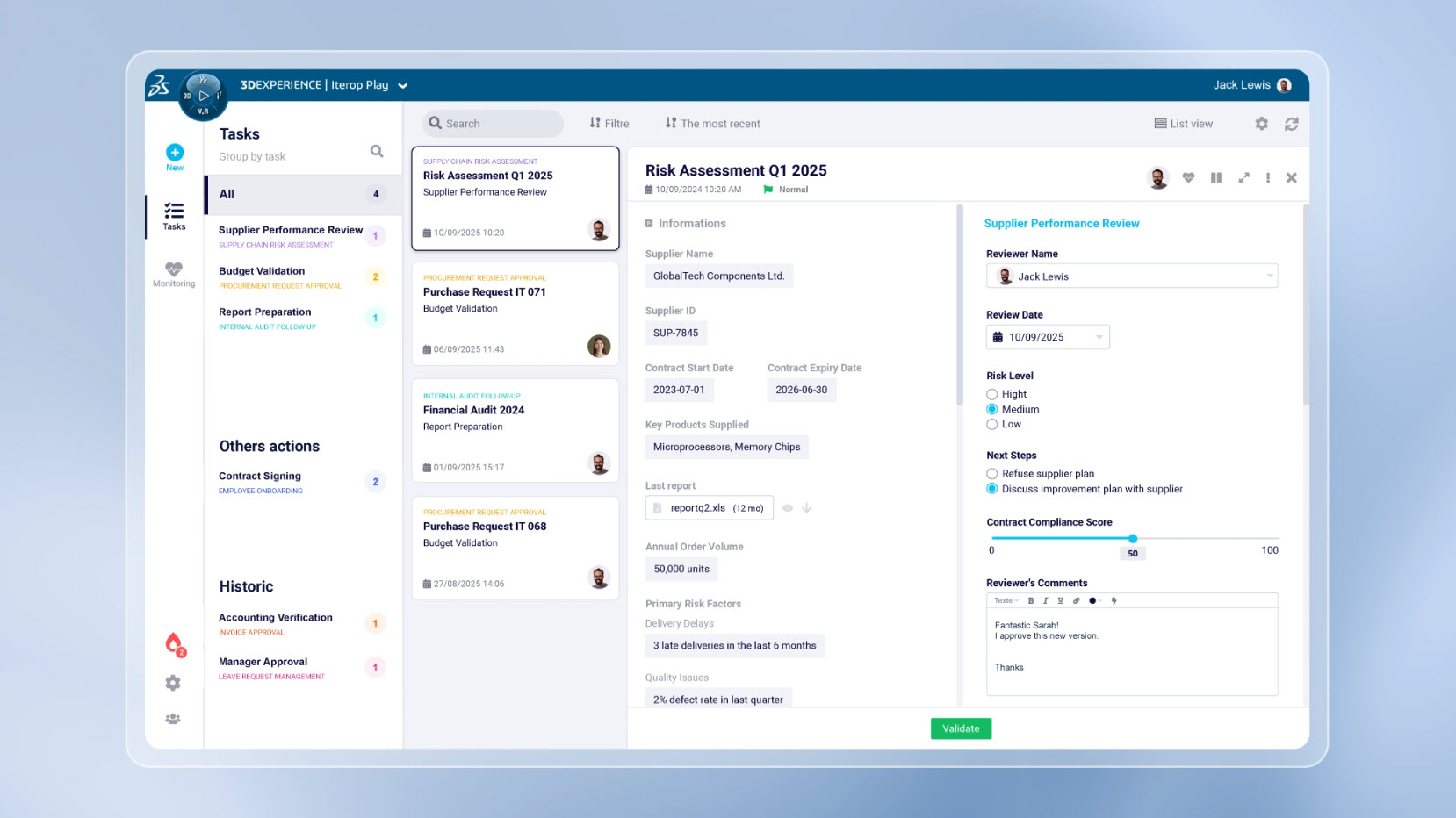 Dashboard view of ITEROP BPM software showing task management in progress with a clear low-code workflow interface