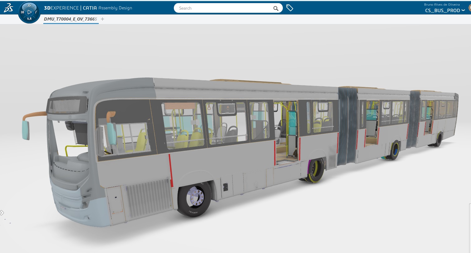 CATIA 3D model of Marcopolo bus on the 3DEXPERIENCE platform showing detailed assembly design > Dassault Systemes