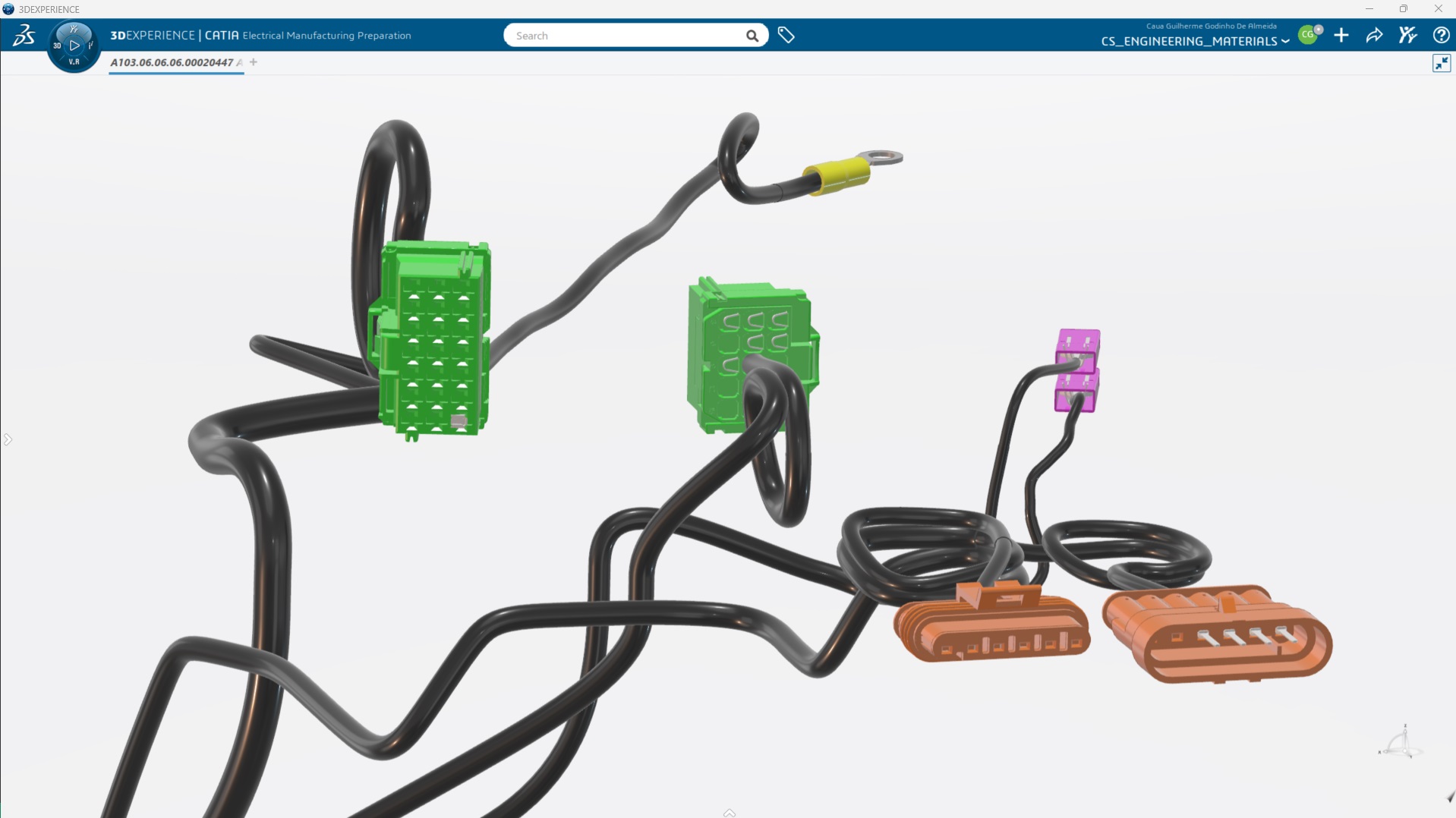 Engineer using CATIA on 3DEXPERIENCE platform to prepare electrical components for Marcopolo bus manufacturing