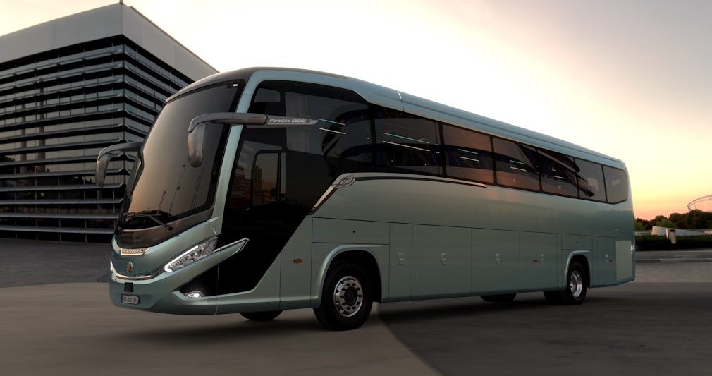 Marcopolo Classe III bus driving on a highway, showcasing sleek design and modern transport engineering. > Dassault Systemes