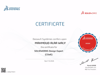 Proud to share that I’ve officially achieved the SOLIDWORKS Expert (CSWE) certification 
