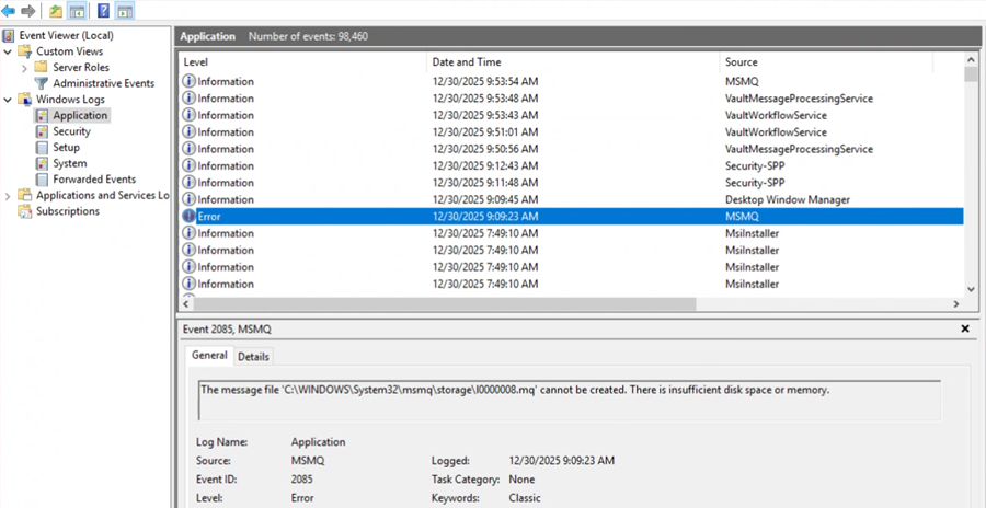 Screenshot of error in Event Viewer