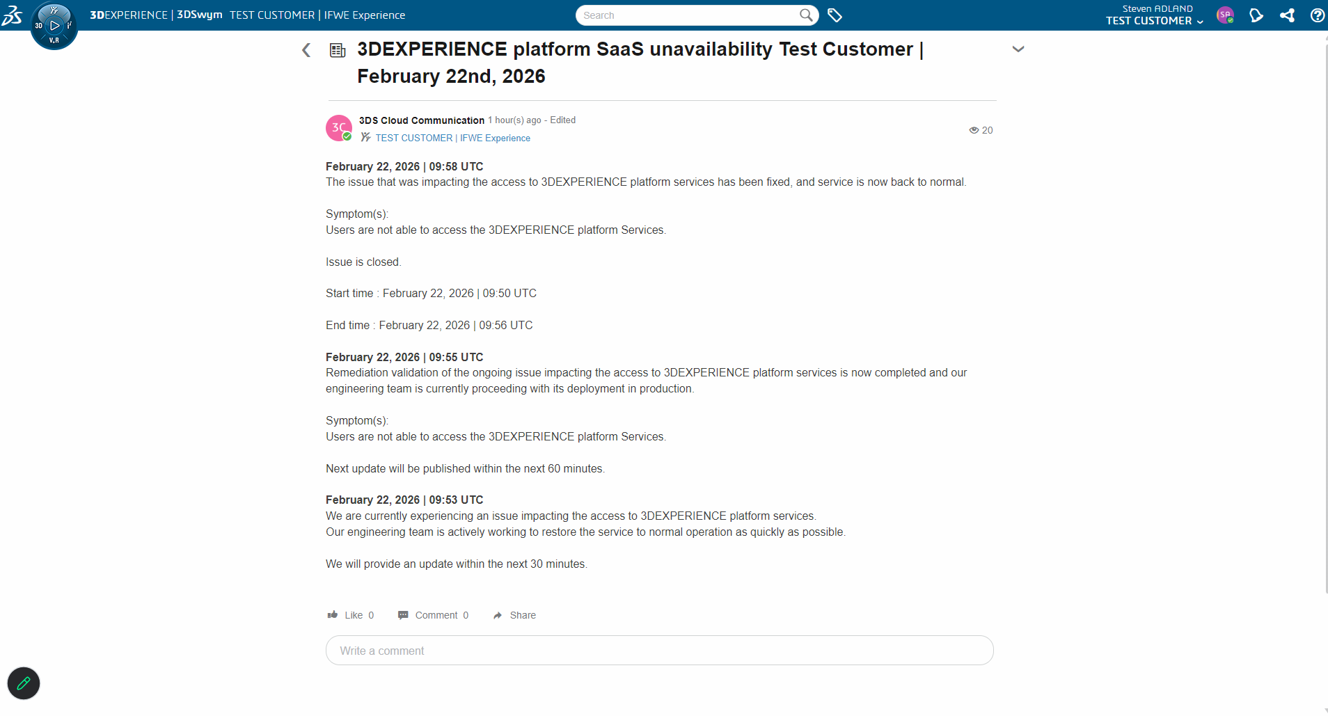 Dassault Systèmes 3DEXPERIENCE platform SaaS Console > Outage message in the IFWE Communities