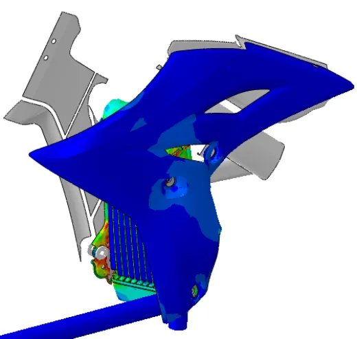Two views of analysis results of an integrated radiator assembly model.