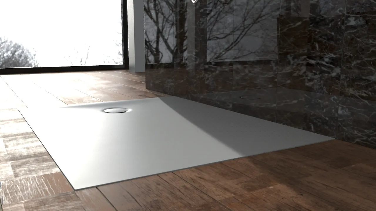 Geberit Olona white resin shower tray with chrome drain, designed using CATIA on the 3DEXPERIENCE platform.