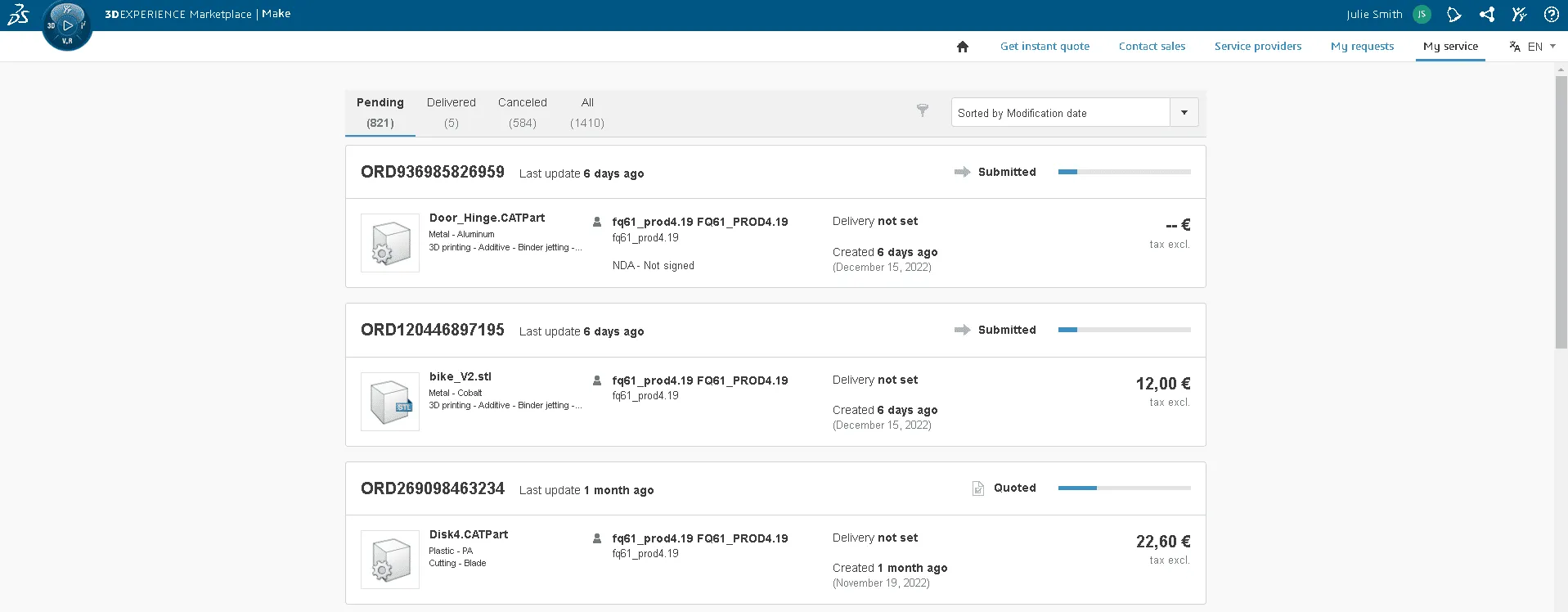 Manage your order - 3DEXPERIENCE Make