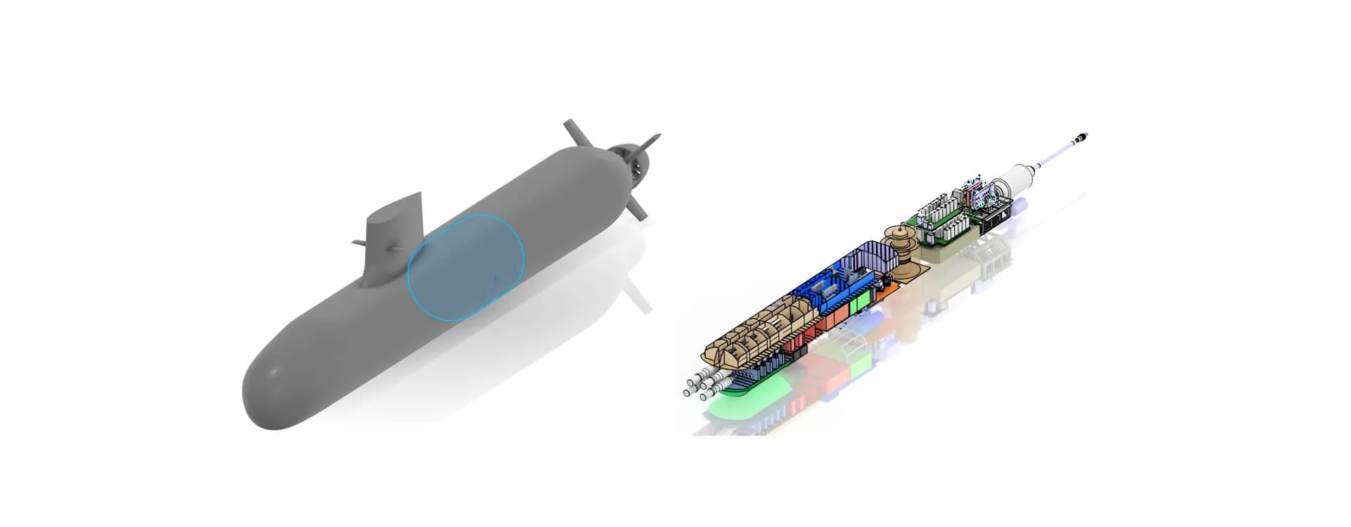 Left, the external casing of a submarine. Right, an internal view showing machinery, rooms and other elements.