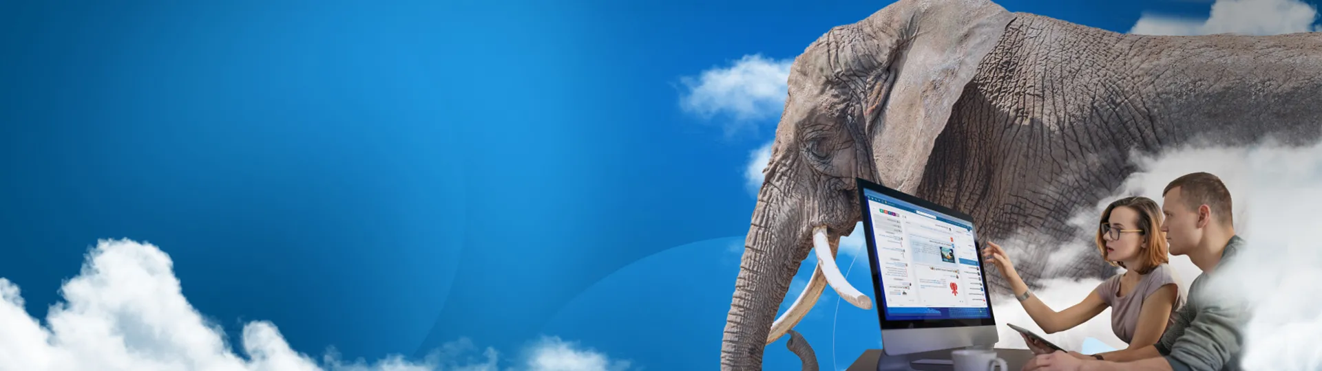 Elephant in sky with people working on 3D model - SOLIDWORKS