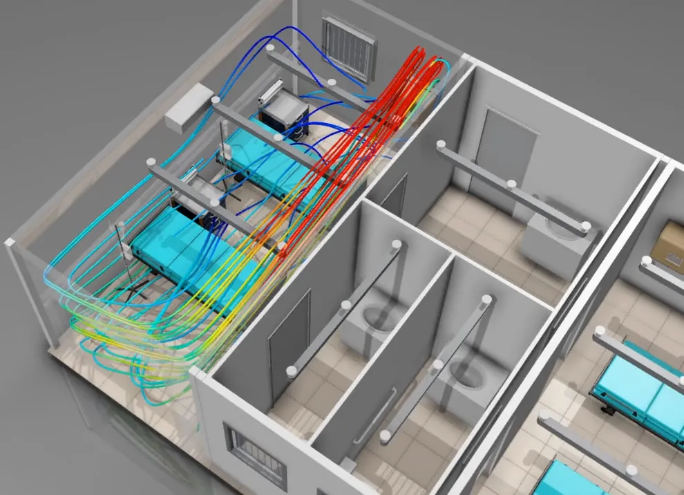 SIMULIA を使用した大気質および騒音管理の都市シミュレーションを示す、建築環境性能解析の視覚化
