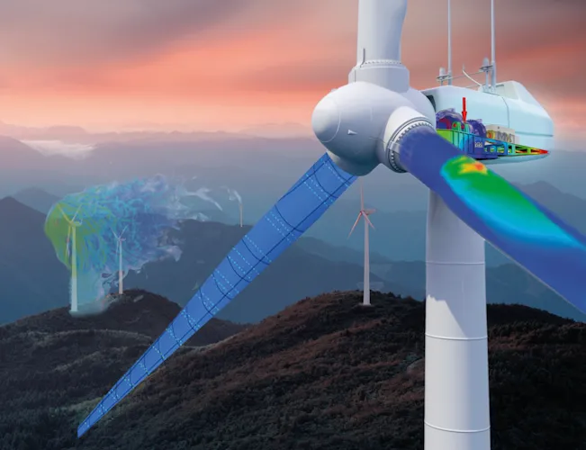 風景の中で再生可能エネルギー・ソリューションであることを示す風力タービン、SIMULIA の産業機械設計の進歩を強調