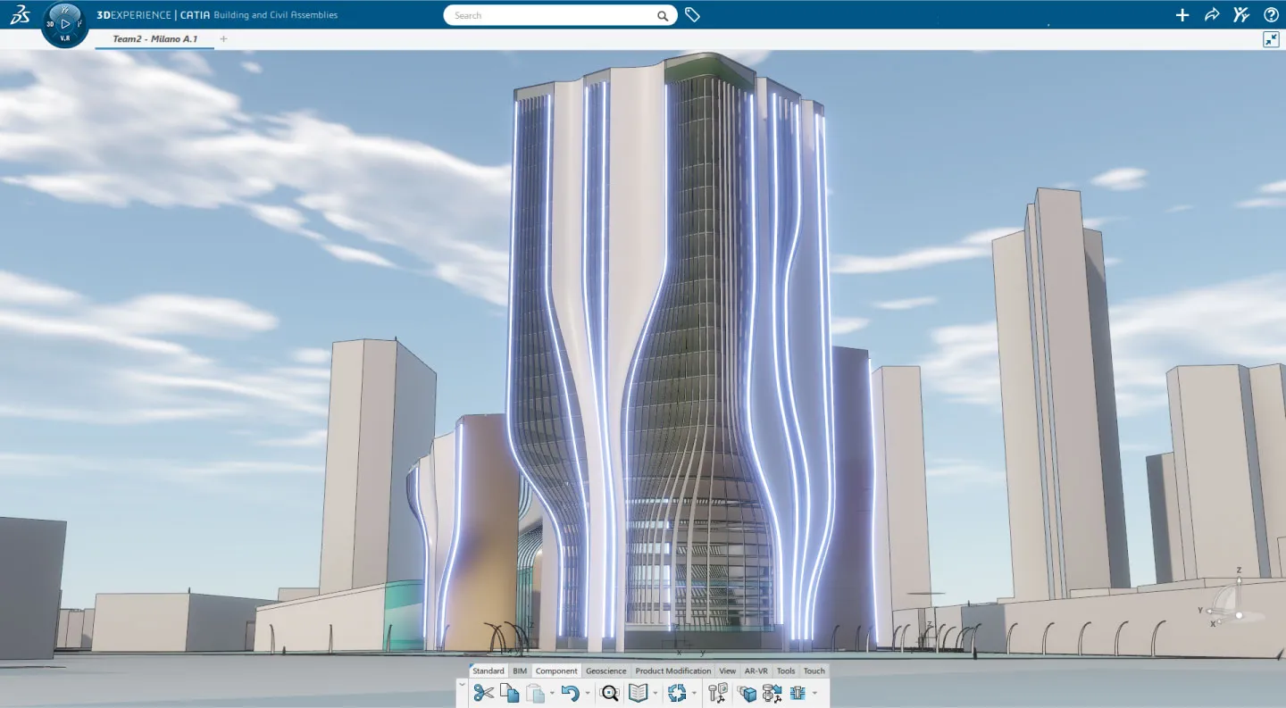 Architectural building design showcasing advanced engineering concepts, relevant to CATIA for AEC and the 3DEXPERIENCE platform