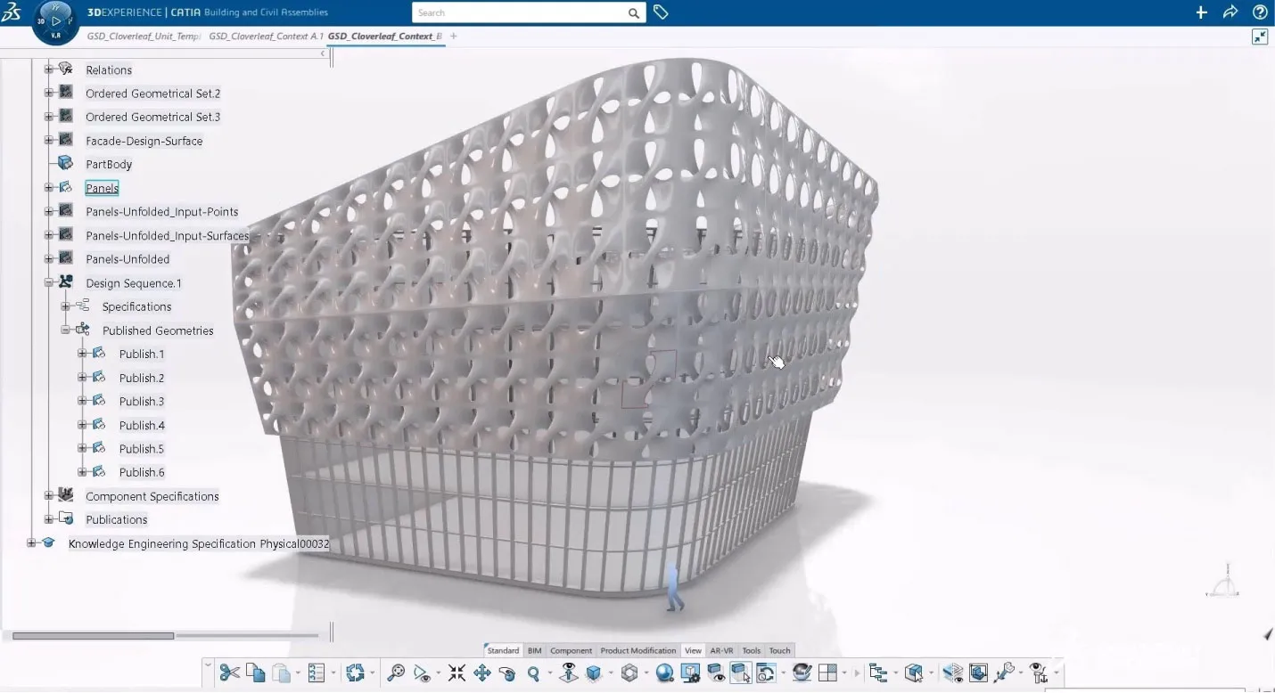3D design interface showcasing CATIA for Architecture, Engineering, and Construction software features for building design.