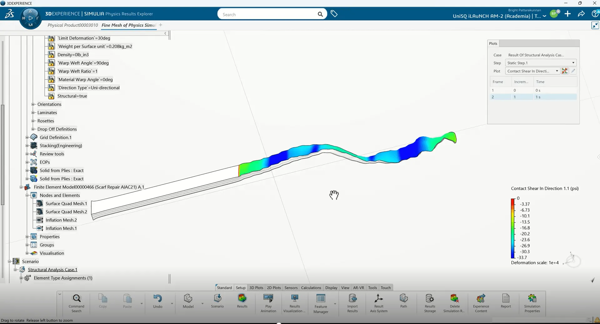 "Stress contour plot from the 3DEXPERIENCE platform, showcasing composite material repair analysis for aerospace applications