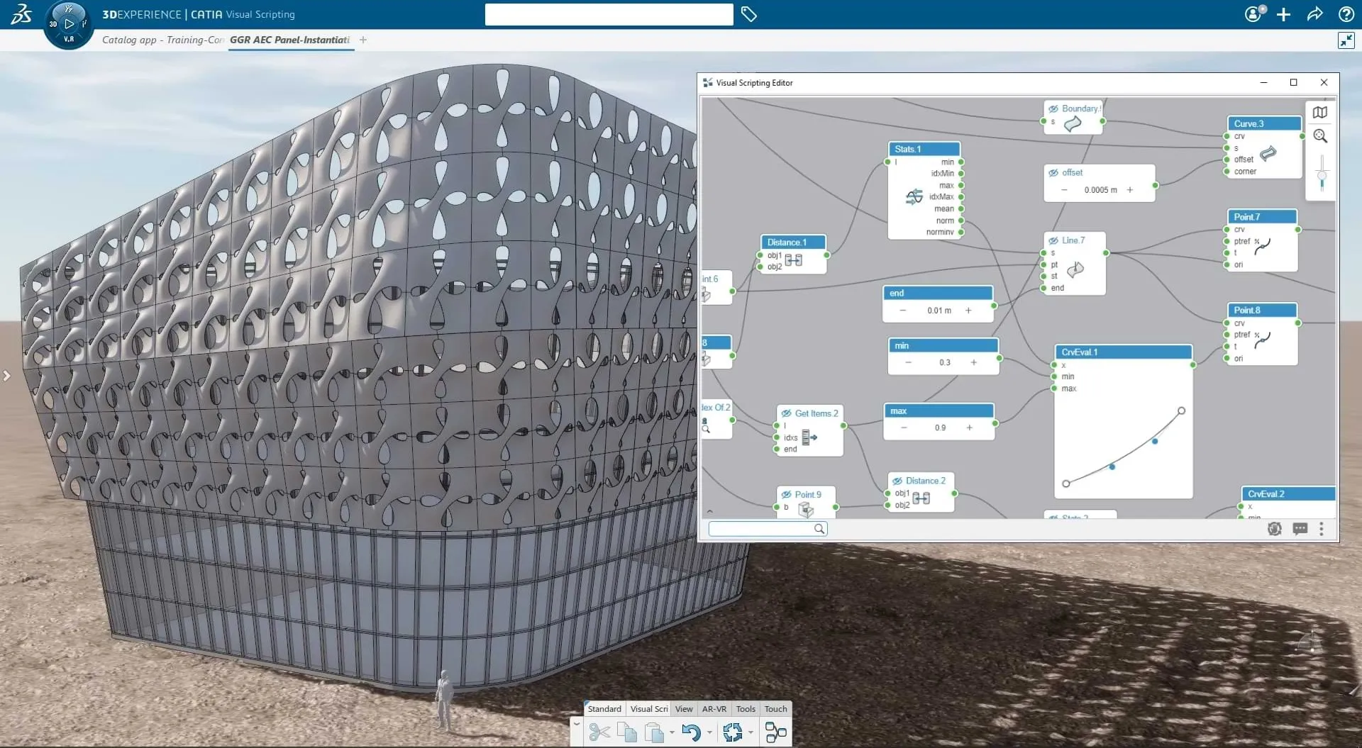 Visual scripting interface in CATIA for AEC, showcasing advanced generative design tools for architecture and engineering.