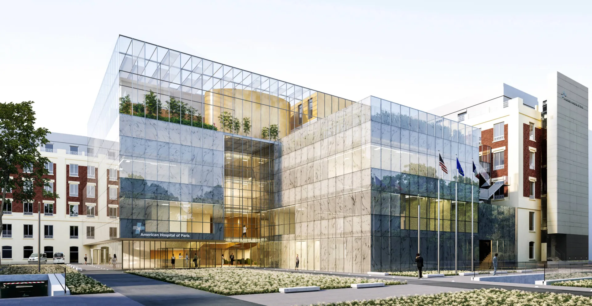 American Hospital outside look at building extension for patient care > Dassault Systemes