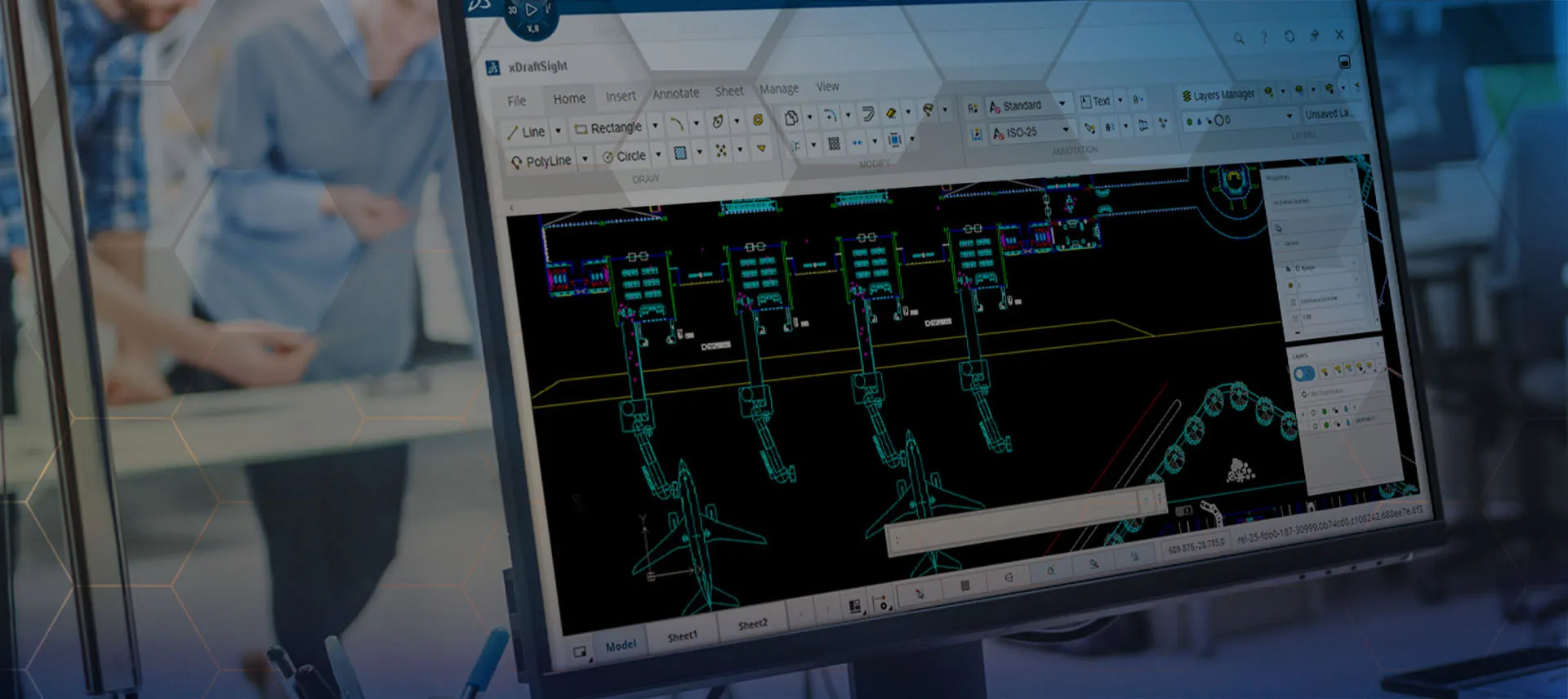 Illustration of xDraftSight 2D drafting interface on the 3DEXPERIENCE platform for browser-based CAD design.