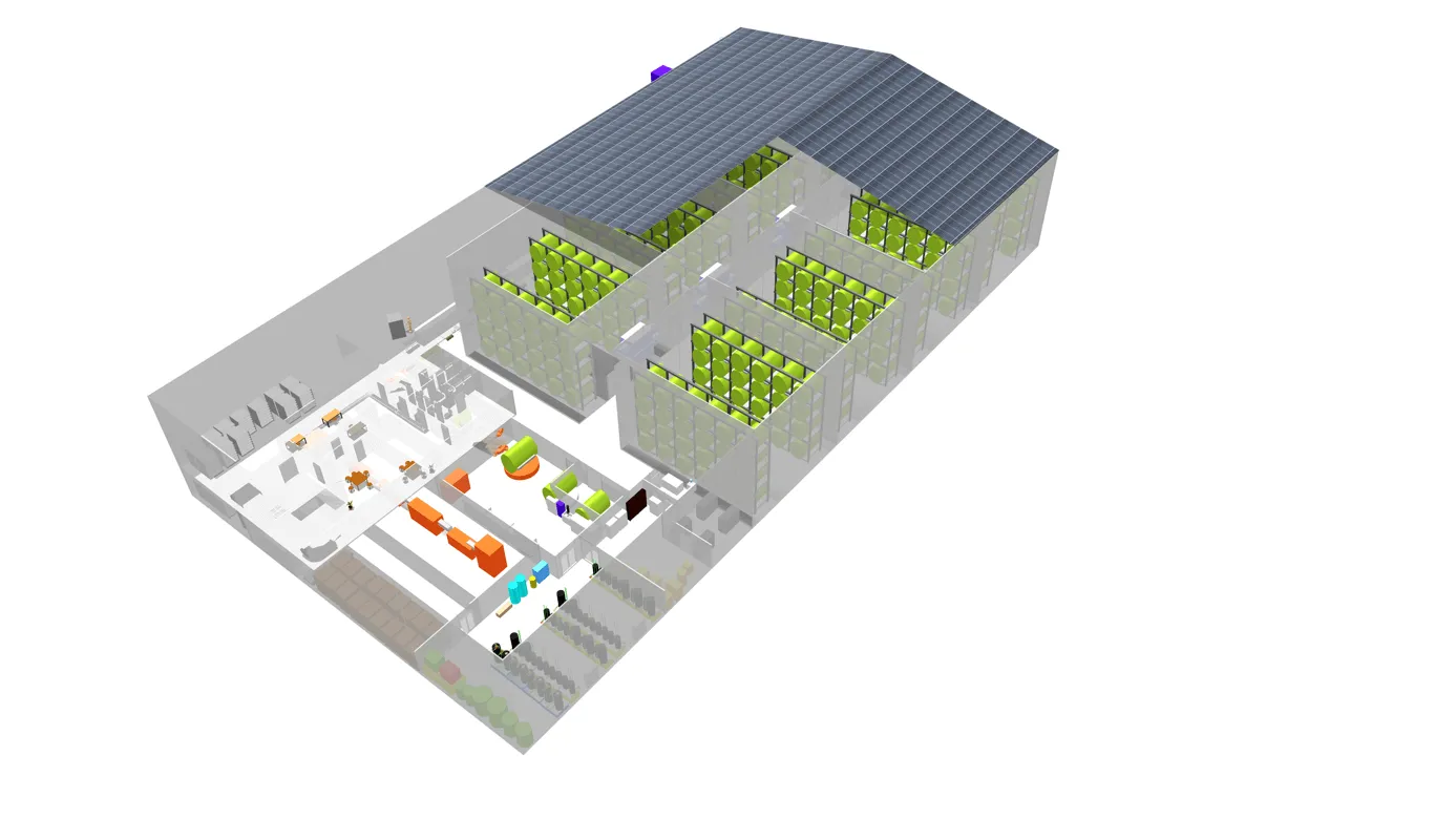 Illustration of Futura Gaïa’s smart vertical farm using geoponic technology, powered by the 3DEXPERIENCE platform
