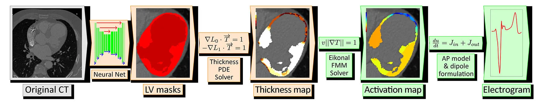 From CT to simulations: automated pipeline (AI-based segmentation, thickness calculation, activation map simulations, ECG simulation)