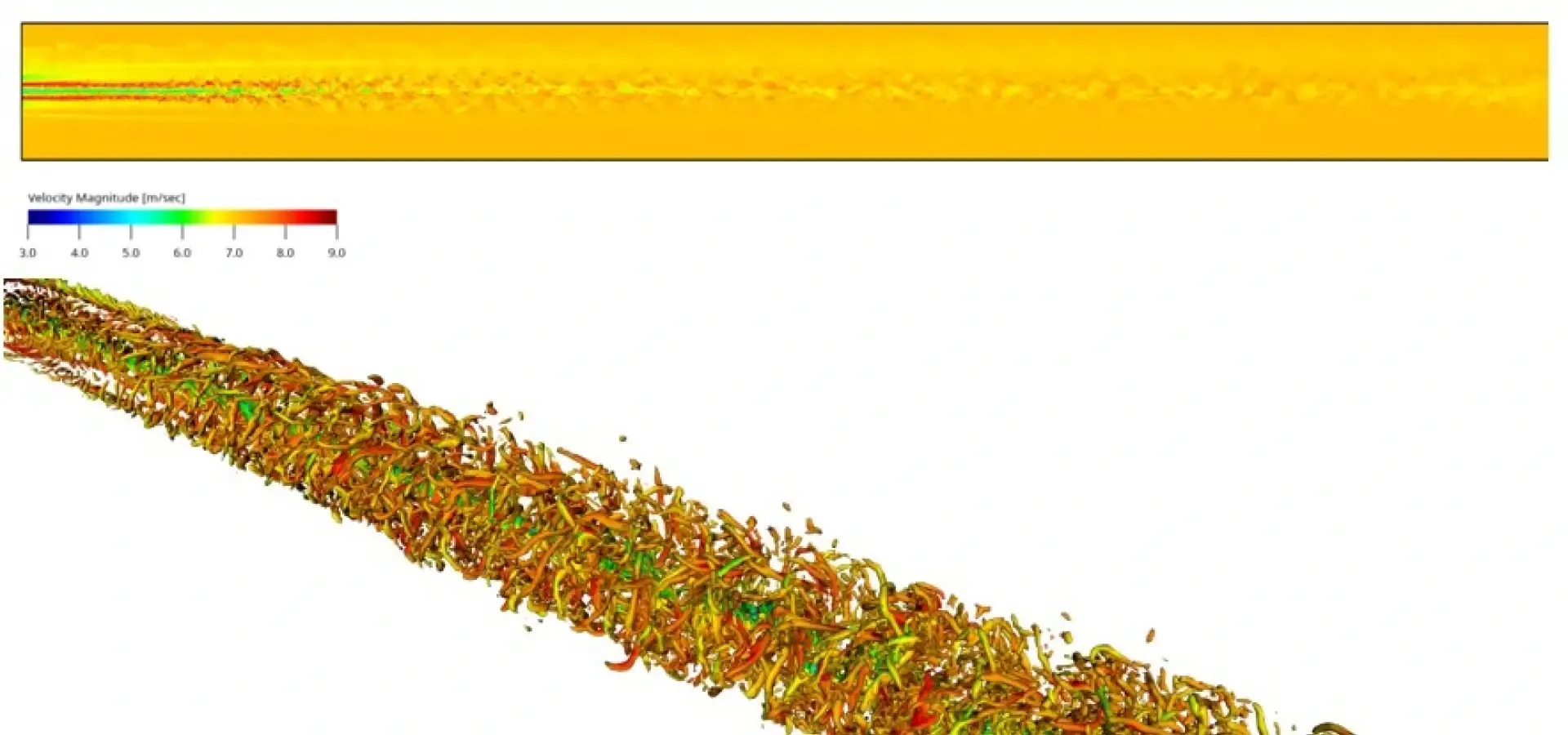 Simulation of the submarine far wake, in side view and 3D isosurface view.