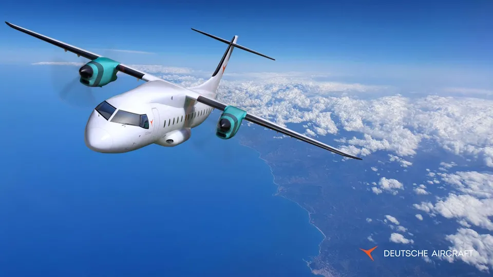 Deutsche Aircraft D328eco regional turboprop flying under blue sky, showcasing sustainable, modern aviation design