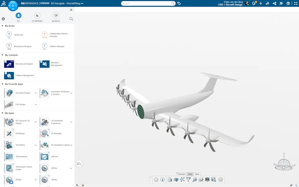 Engineer using the 3DEXPERIENCE platform to develop Elysian’s E9X electric aircraft with ENOVIA for digital collaboration.