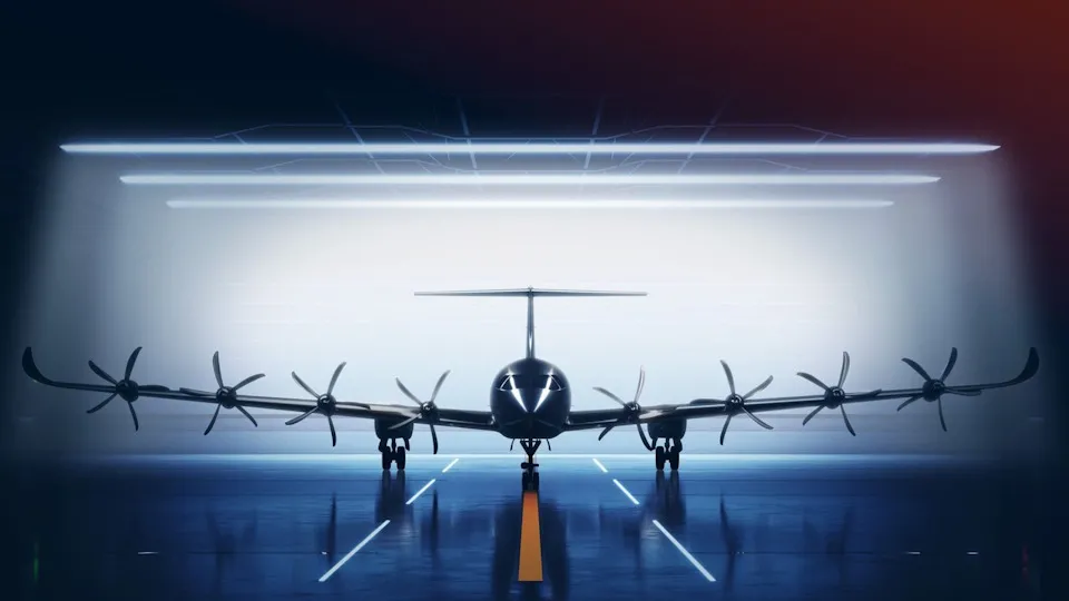 Elysian E9X electric aircraft preparing to land, showcasing zero-emission design powered by the 3DEXPERIENCE platform.