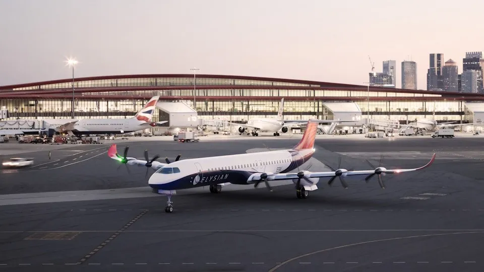 Elysian E9X electric aircraft on the ground, showcasing zero-emission design powered by the 3DEXPERIENCE platform.