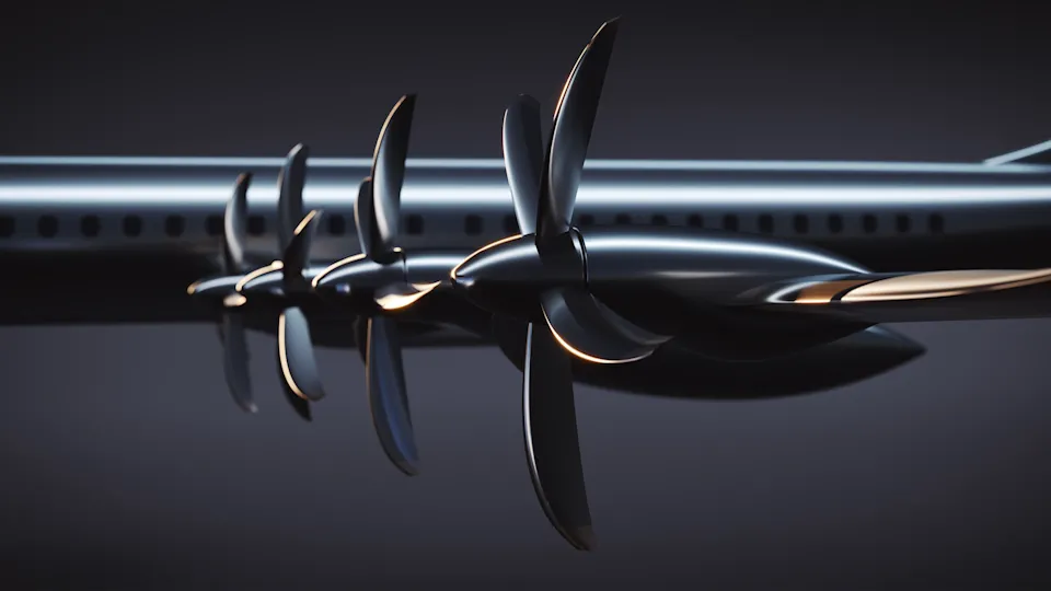 Elysian E9X electric aircraft sideview of the wing with propellers, showcasing zero-emission design powered by the 3DEXPERIENCE platform.