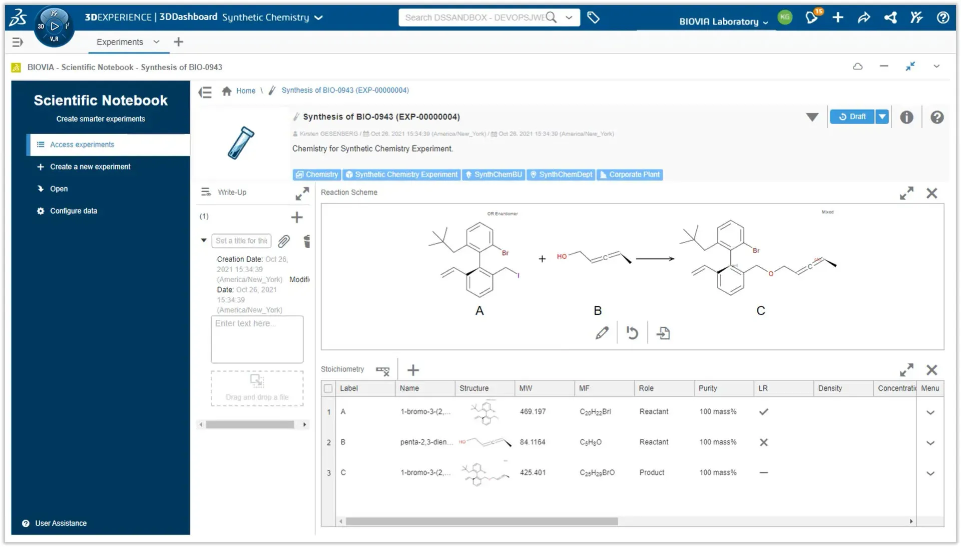 Aboca scientific notebook syntethic chemistry on platform > Dassault Systèmes