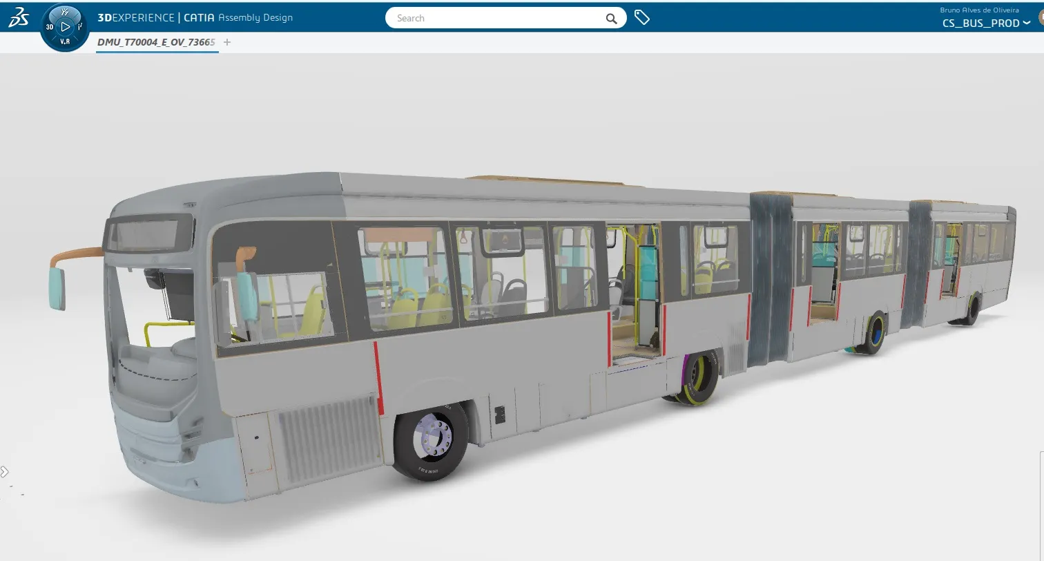 CATIA 3D model of Marcopolo bus on the 3DEXPERIENCE platform showing detailed assembly design > Dassault Systemes