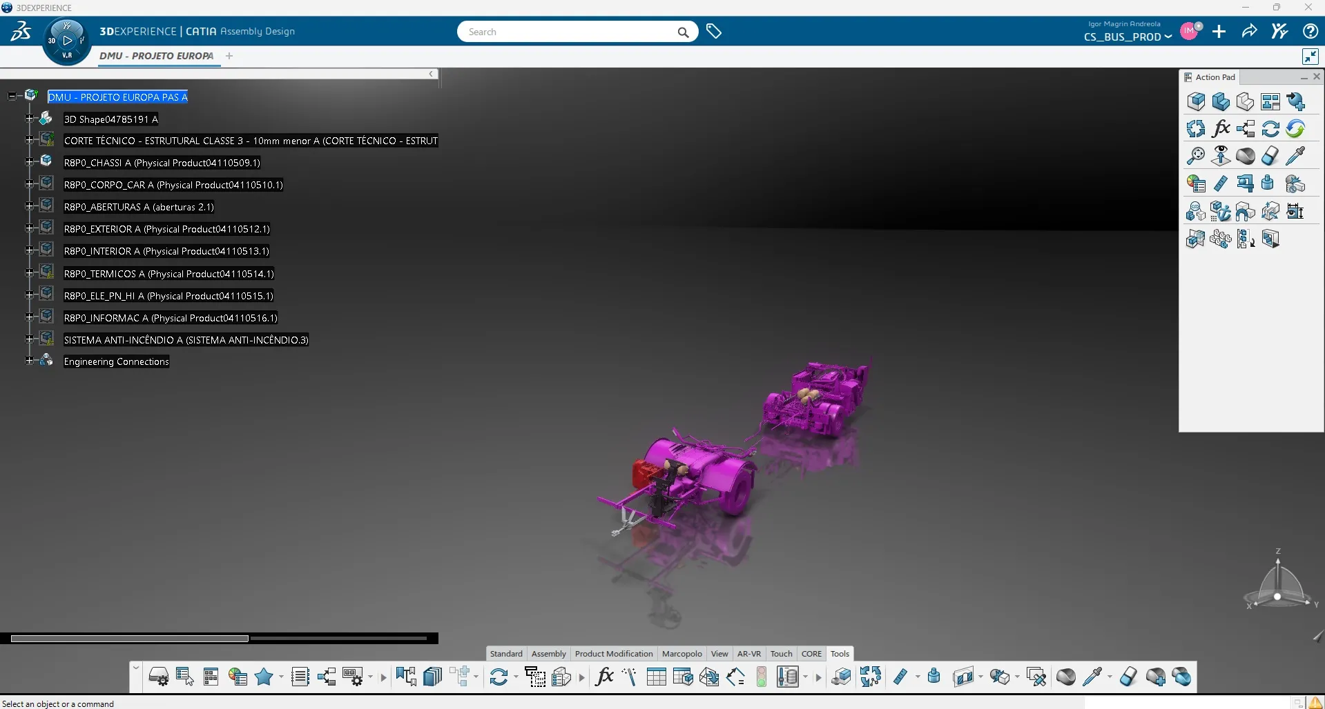 CATIA on the 3DEXPERIENCE platform accelerates the design of a Marcopolo bus assembly in a virtual environment