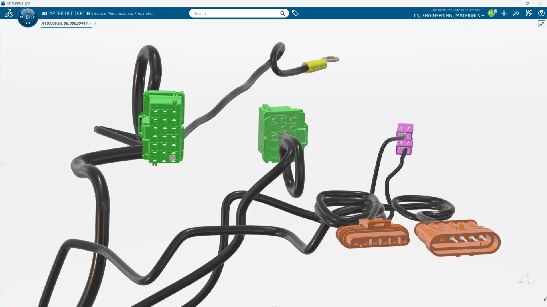 Engineer using CATIA on 3DEXPERIENCE platform to prepare electrical components for Marcopolo bus manufacturing