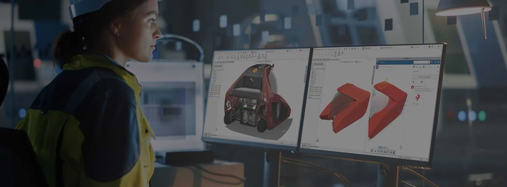 SOLIDWORKS Design with Cloud Services interface showing 3D CAD model editing and cloud collaboration on the 3DEXPERIENCE platform.