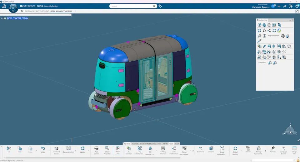 CATIA 3D model of Glydways autonomous electric vehicle designed on the 3DEXPERIENCE platform for urban mobility solutions.