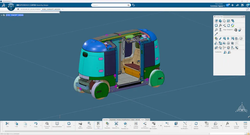 Glydways engineers collaborate on autonomous vehicle design using CATIA on the 3DEXPERIENCE platform.