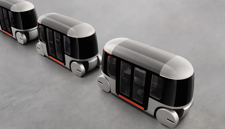 Aerial view of Glydways autonomous electric transit vehicle on dedicated guideway, built using the 3DEXPERIENCE platform.