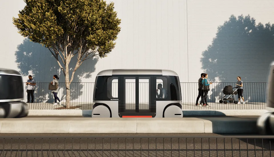 Glydways autonomous electric vehicle on guideway, illustrating urban mobility innovation with the 3DEXPERIENCE platform.