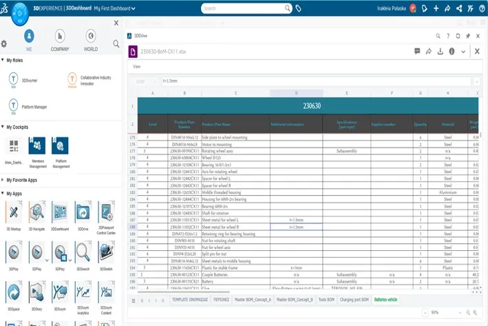 ENOVIA interface showing eVTOL charging station component data and project management on 3DEXPERIENCE platform.