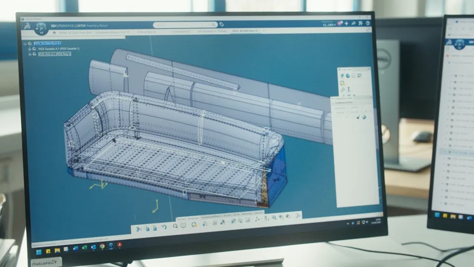 Rolf Benz furniture design displayed in CATIA on the 3DEXPERIENCE platform showing a 3D sofa model assembly.