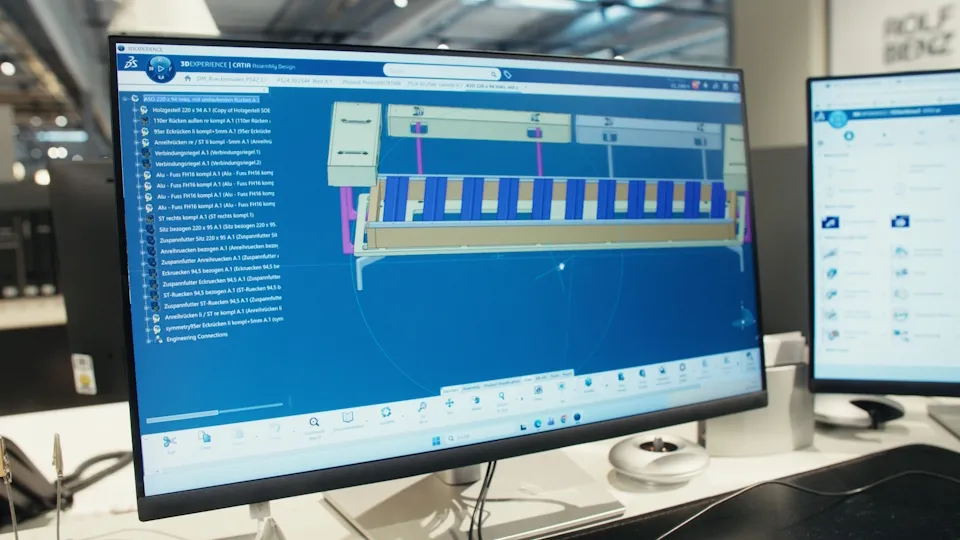 Rolf Benz furniture assembly design open in CATIA on the 3DEXPERIENCE platform on the cloud.